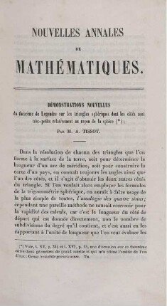 Démonstrations nouvelles du théorème de Legendre sur les triangles sphériques dont les côtés sont très-petits relativement au rayon de la sphère.