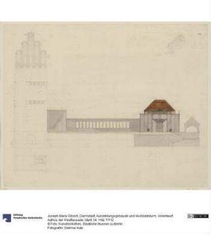 Darmstadt, Ausstellungsgebäude und Hochzeitsturm, Vorentwurf, Aufriss der Westfassade