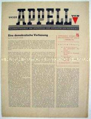 Halbmonatszeitung der VVN "Unser Appell" u.a. zum Verfassungsentwurf des Deutschen Volksrates