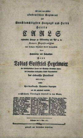 Dankgedicht der Tübinger Theologiestudenten auf Prof. Tobias Gottfried Hegelmaier anlässlich der Niederlegung des Prorektorats