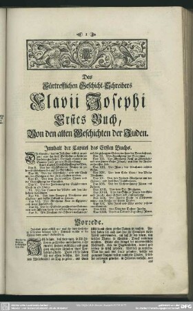 Des Fürtrefflichen Geschicht-Schreibers Flavii Josephi [Erstes bis zwanzigstes Buch von den alten Geschichten der Juden]