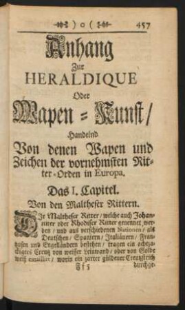 Das I. Capitel. Von den Maltheser Rittern