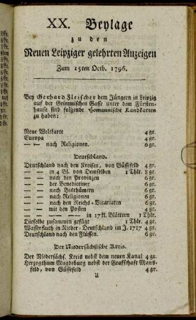 XX. Beylage zu den Leipziger gelehrten Anzeigen - Zum 15ten Octb. 1796.