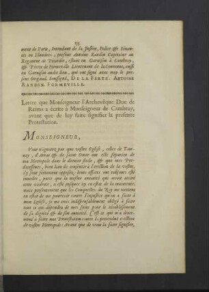 Lettre que M. l`Archevêque Duc de Reims a écrite à M. de Cambray