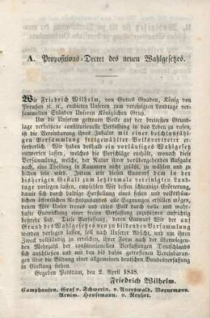 A. Provositions-Decret des neuen Wahlgesetzes.