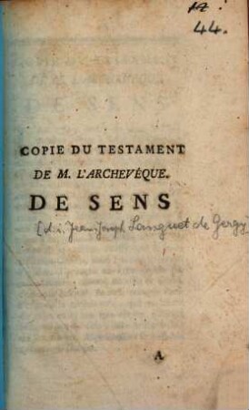 Copie du testament de M. l'archevêque de Sens : [du 25 Novembre 1749]