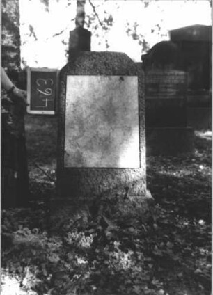 Grabstein 463 (Index: 100111689) Material: Granit, weiße Marmorplatte Zustand: gut Maße HxBxT: 105x47x17 cm Beschreibung: konische Stele, Sockel giebelartiger Abschluß, oben abgeflacht, Schriftplatte: Grabstein 463