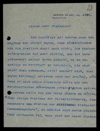 Nr. 23: Brief von Otto Blumenthal an David Hilbert, Aachen, 24.2.1910
