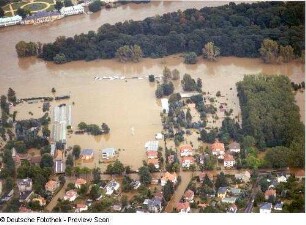 Dresden-Kleinzschachwitz. Wohnbebauung am linken Flußufer und Pillnitzer Elbinsel gegen Schloß Pillnitz. Luftbild-Schrägaufnahme von Südwest