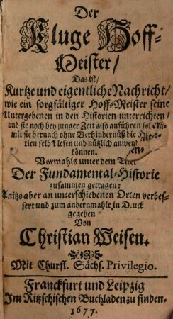 Der Kluge Hoff-Meister, Das ist, Kurtze und eigentliche Nachricht, wie ein sorgfältiger Hoff-Meister seine Untergebenen in den Historien unterrichten, und sie noch bey junger Zeit also anführen sol damit sie hernach ohne Verhindernüß die Historien selbst lesen und nützlich anwenden können