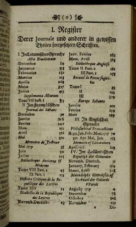 I. Register Derer Journale und anderer in gewissen Theilen fortgesetzten Schrifften.