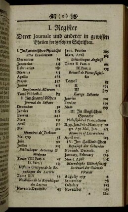 I. Register Derer Journale und anderer in gewissen Theilen fortgesetzten Schrifften.
