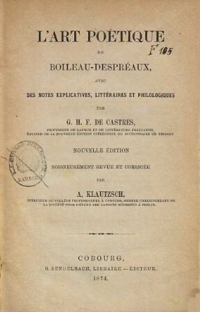 L' art poétique de Boileau-Despréaux