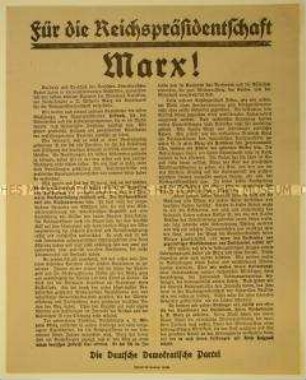 Flugblatt der DDP zur Kandidatur von Wilhelm Marx für das Amt des Reichspräsidenten