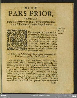 Pars Prior, Exhibens Statum Controversiae cum Terminorum Evolutione & Theseos orthodoxae Expositionem