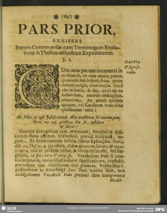 Pars Prior, Exhibens Statum Controversiae cum Terminorum Evolutione & Theseos orthodoxae Expositionem