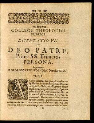 Collegii Theologici Publici Disputatio VII. De Deo Patre, Prima SS. Trinitatis Persona.