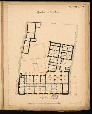 Landratsamt (Kreishaus), Prenzlau Monatskonkurrenz Mai 1883: Grundriss Keller; Maßstabsleiste
