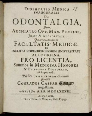 Disputatio Medica Inauguralis De Odontalgia