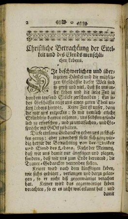 Christliche Betrachtung der Eitelkeit und des Elends menschlichen Lebens.