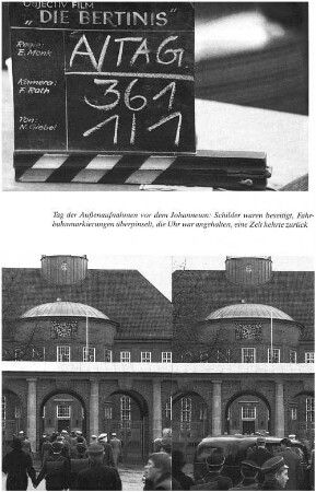 Tag der Außenaufnahmen vor dem Johanneum: Schüler waren beseitigt, Fahrbahnmarkierungen überpinselt, die Uhr war angehalten, eine Zeit kehrte zurück