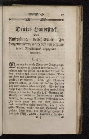 Drittes Hauptstück. Von Aufreißung verschiedener Festungsmanieren, welche von den berühmtesten Ingenieurs angegeben worden.