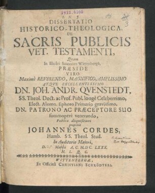 Dissertatio Historico-Theologica, De Sacris Publicis Vet. Testamenti