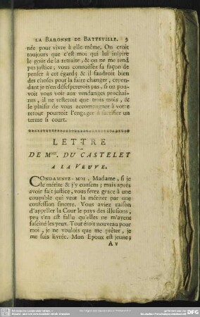 Lettre De Mme. Du Castelet A La Veuve