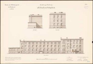 Neubau des Bekleidungsamtes des Gardecorps, Berlin: Schuhmacherwerkstattgebäude: Ansichten Südgiebel, Nordgiebel, Vorderansicht 1:100