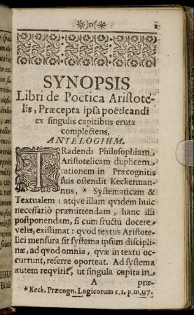Synopsis Libri de Poetica Aristotelis, Præcepta ipsa poeticandi ex singulis capitibus eruta complectens.