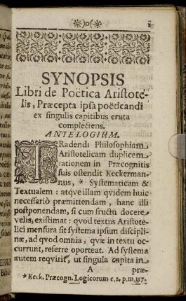 Synopsis Libri de Poetica Aristotelis, Præcepta ipsa poeticandi ex singulis capitibus eruta complectens.