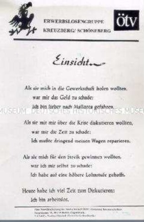 Propagandaflugblatt gegen die Arbeitslosigkeit und für gewerkschaftliches Engagement