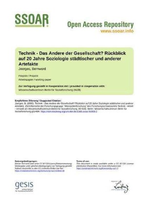 Technik - Das Andere der Gesellschaft? Rückblick auf 20 Jahre Soziologie städtischer und anderer Artefakte
