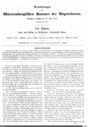 144. Sitzung, Stuttgart, 10.7.1852