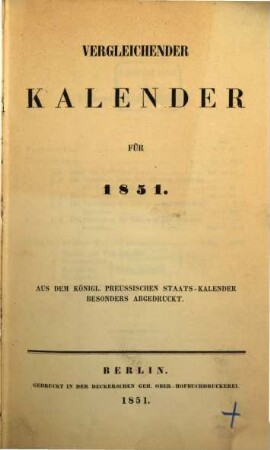 Vergleichender Kalender : für ... 1851 = Jg. 1