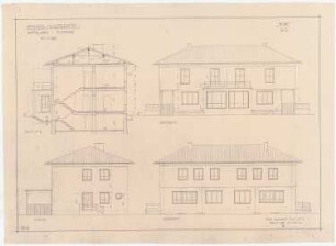 Gesamtbebauungsplan Ankara Ankara Kooperatifi. Haustypen: (Lichtpause von Inv.Nr. 23205), Typ B2, BOR, Doppelhaus 5 Zimmer, Querschnitt, Gartenansicht, Straßenansicht und Seitenansicht 1:50