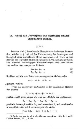 IX: Ueber die Convergenz und Stetigkeit einiger unendlichen Reihen.