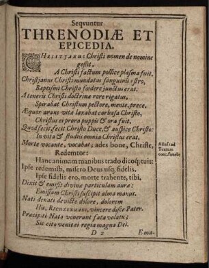 Sequuntur Threnodiae Et Epicedia