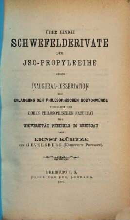 Ueber einige Schwefelderivate der Iso-Propylreihe : Inaug. Diss.