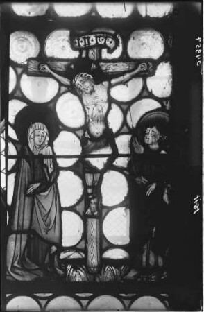 Offenburg Katholische Heilig Kreuz Kirche Sakristei Apsis Glasmalerei Kruzifixus zwischen Maria und Johannes (Ende 14. Jahrhundert)