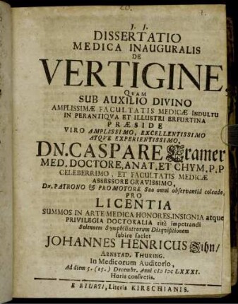 Dissertatio Medica Inauguralis De Vertigine