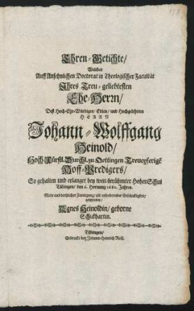 Ehren-Getichte Welches Auff Johann-Wolffgang Heinold geschrieben