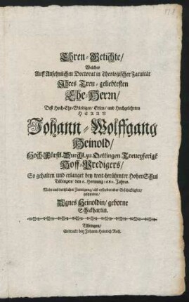Ehren-Getichte Welches Auff Johann-Wolffgang Heinold geschrieben