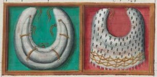 Regnier d'Anjou sur les tournois (Turnierbuch Königs René I. d’Anjou). Helmdecken einer Turnierausrüstung : Helmdecken einer Turnierausrüstung. Miniatur auf Blatt 14r unten aus: Regnier d'Anjou sur les tournois. Flandern oder Hennegau, Anfang 16. Jahrhundert. Buchmalerei auf Pergament, koloriert und vergoldet; 7,4 x 15,5 cm. Dresden: SLUB Mscr.Dresd.Oc.58