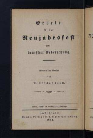 Gebete für das Neujahrsfest : mit deutscher Übersetzung / geordnet und übersetzt von W. Heidenheim