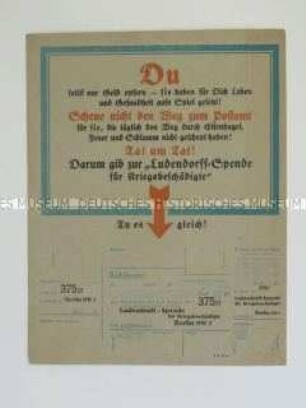 Aufruf mit Vordruck eines Zahlscheines (blanko) für die "Ludendorff-Spende"