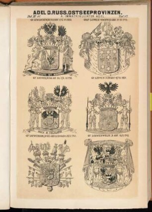 Taf. 17. Gf. Lewaschew, Russ. Grf. 1/12.VII.1833. - Graf. Liewen (†) Schwed. Grf. 31.12.1719. - Gf. Lieven, Russ. Gf. 22.II / 5.III.1799. - Gf. Lieven (†) R.-Grf. 19/VII.1801
