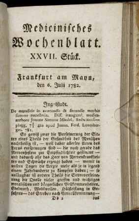 XXVII. Stück. Frankfurt am Mayn, den 6. Julii 1782. - XXX. Stück. Frankfurt am Mayn, den 27. Julii 1782.