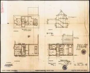 Haus Herz, Berlin-Dahlem. Zum Projekt gehörend: Böhmer & Petrich, Haus Herz, Berlin-Dahlem Umbau zu Haus Himmler: Nebengebäude: Grundriss Keller-, Erd- und Dachgeschoss, Querschnitt 1:100