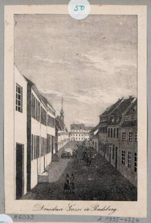 Die Dresdner Gasse in Radeberg bei Dresden, Blick nach Nordosten in Richtung Marktplatz, Blatt Teil einer Serie von Renner und Ketzschau